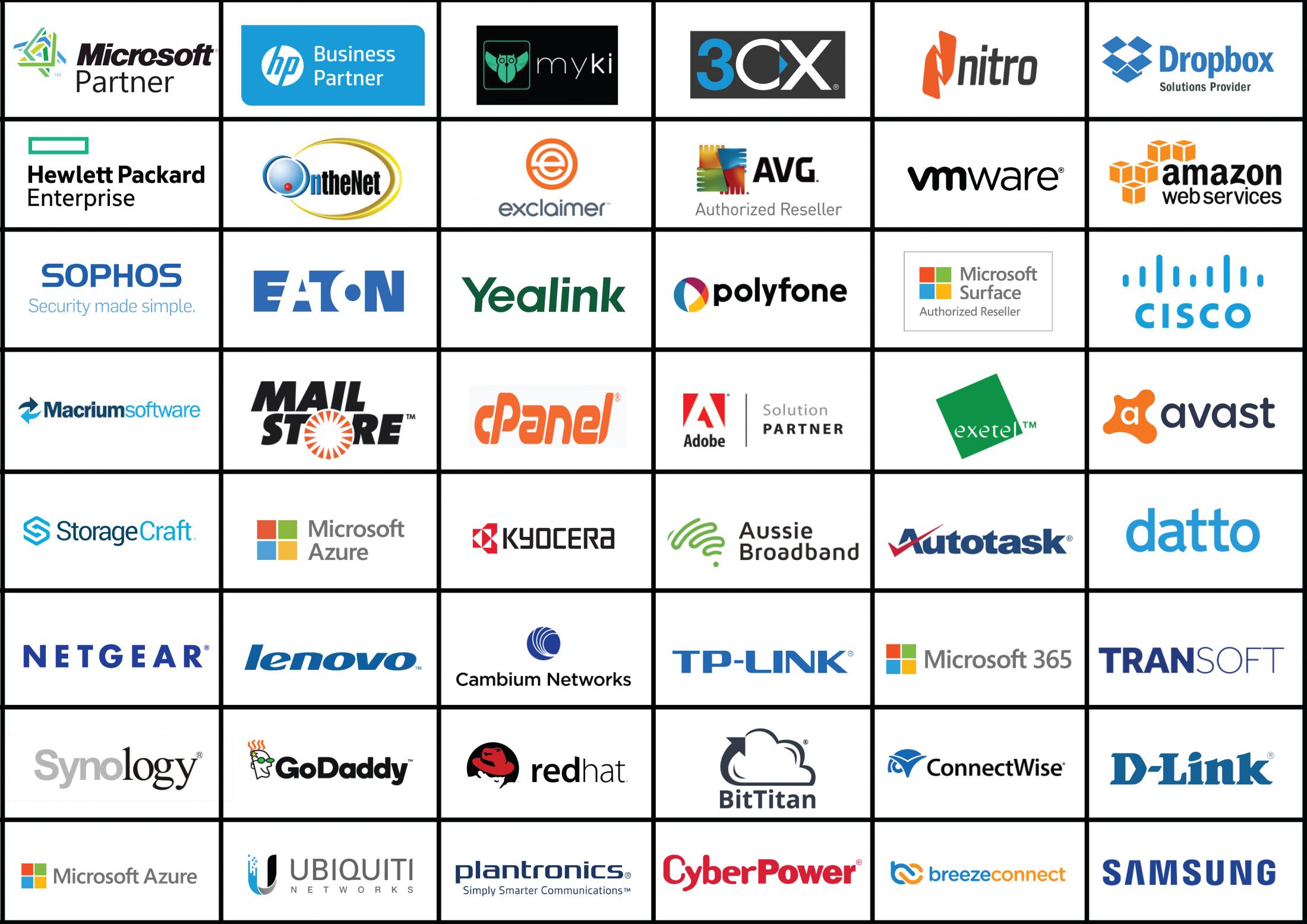 Microsoft, HP, MS365, Kyocera, Netgear, 3CX, Dropbox, Onthenet,